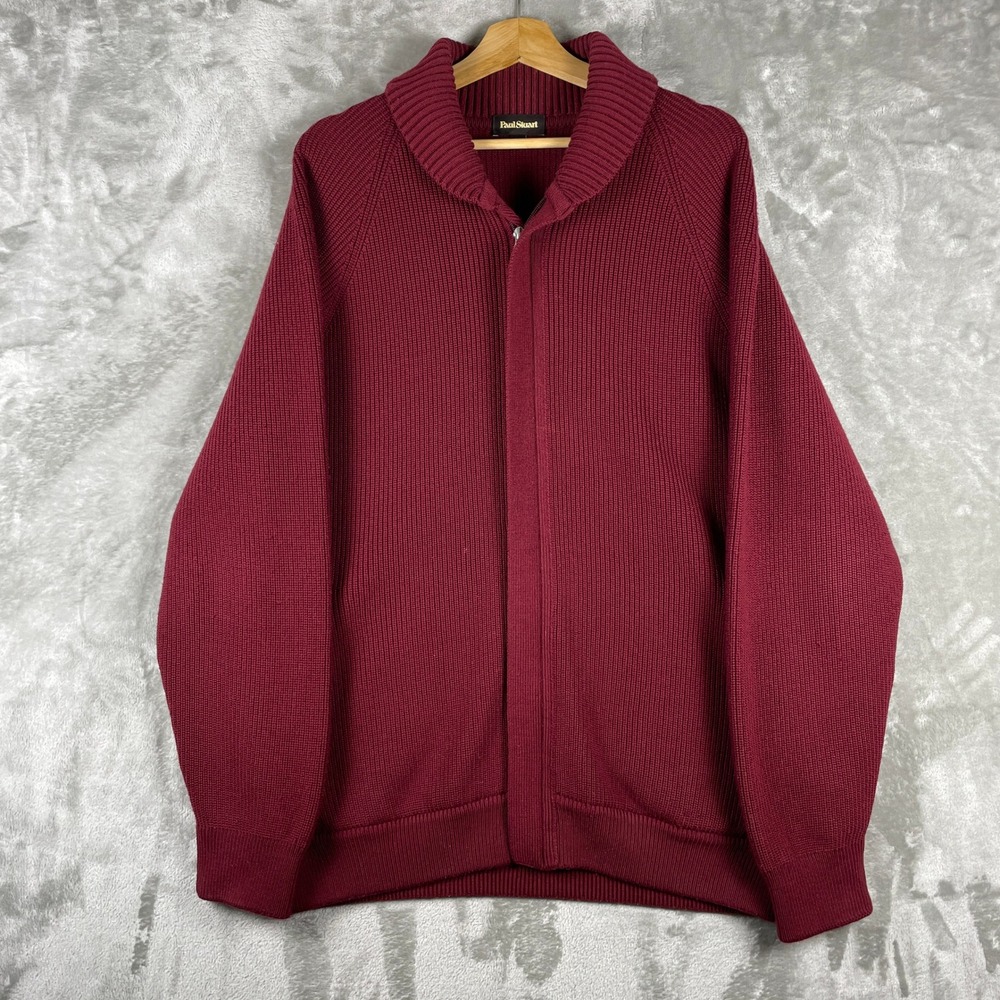 Paul Stuart Full Zip Cardigan Mens XL Burgundy Pure New Wool Shawl Collar Italy